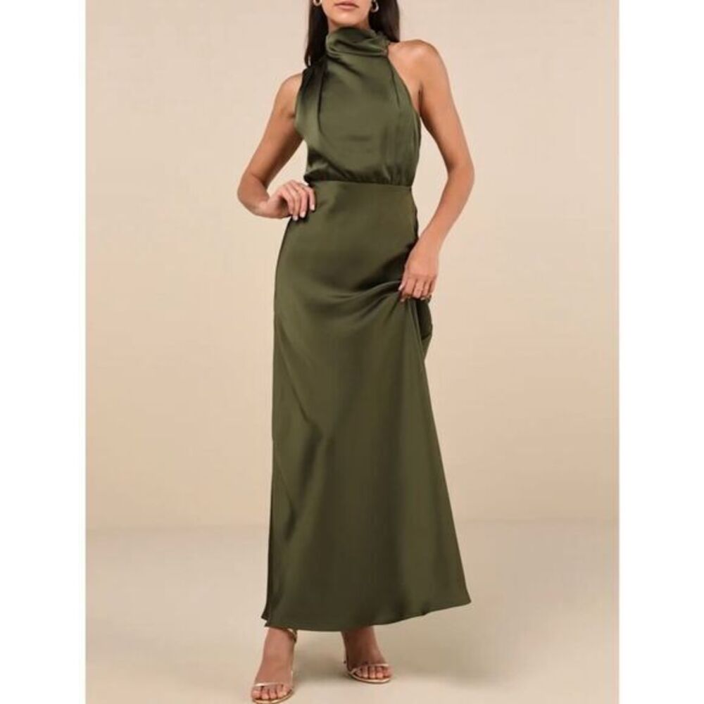 NWT Lulus Women's‎ Distinctive Charm Olive Green Satin Asymmetrical Maxi Dress L